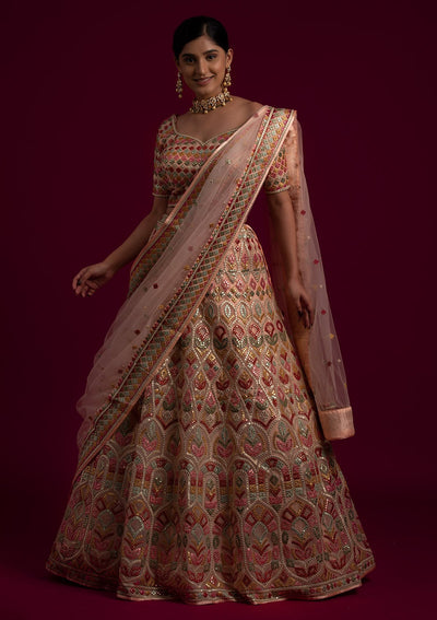 Peach Gotapatti Net Designer Lehenga - koskii