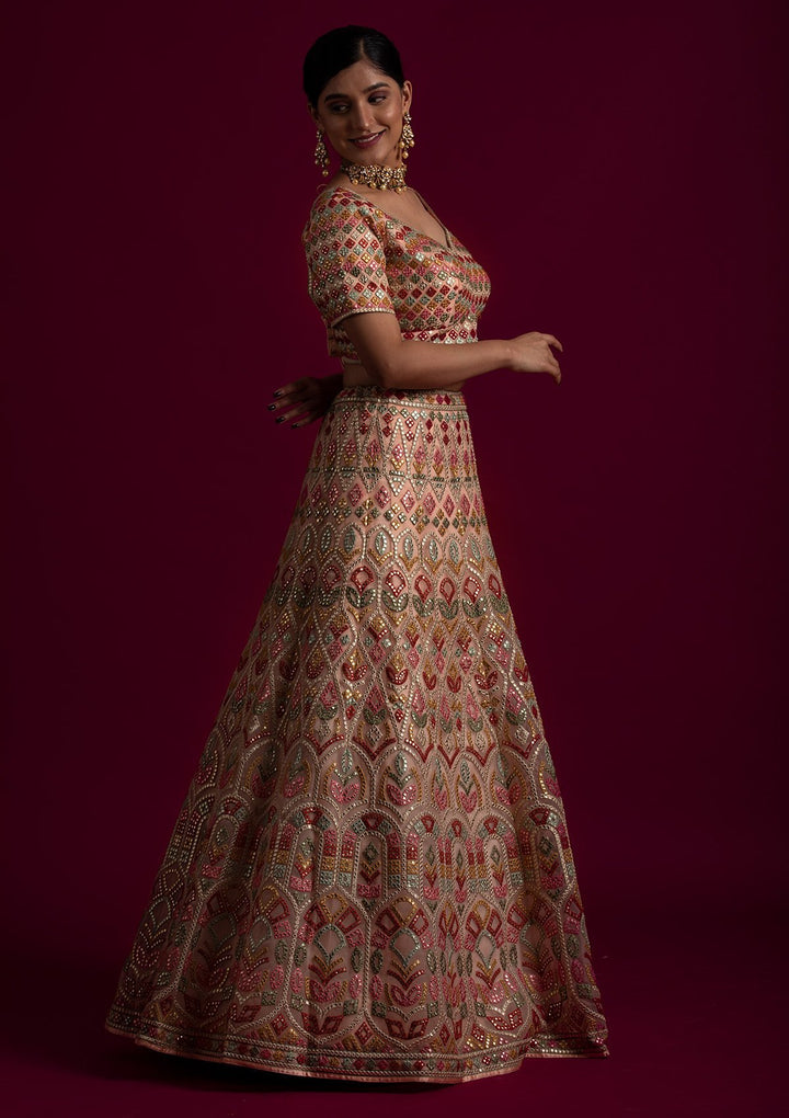 Peach Gotapatti Net Designer Lehenga - koskii