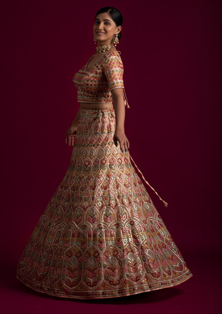 Peach Gotapatti Net Designer Lehenga - koskii