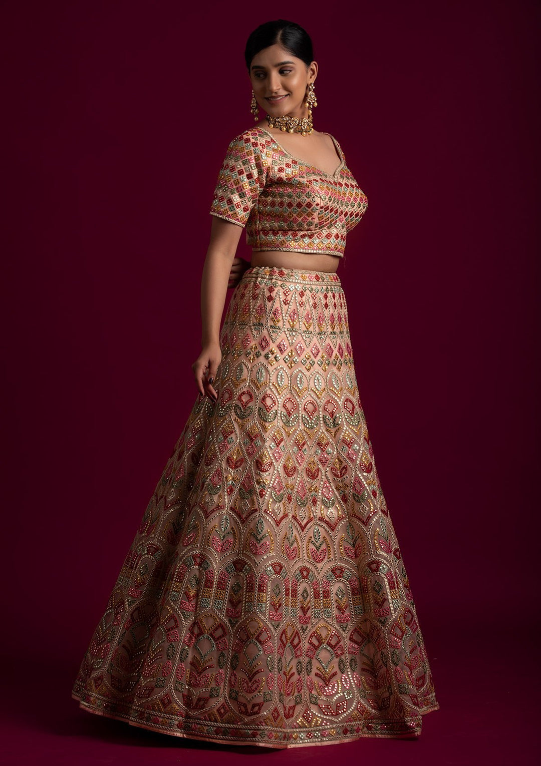 Peach Gotapatti Net Designer Lehenga - koskii