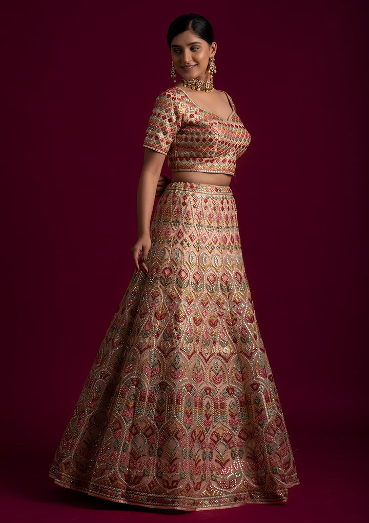 Peach Gotapatti Net Designer Lehenga - koskii