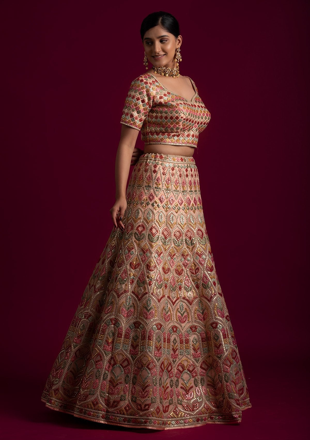 Peach Gotapatti Net Designer Lehenga - koskii