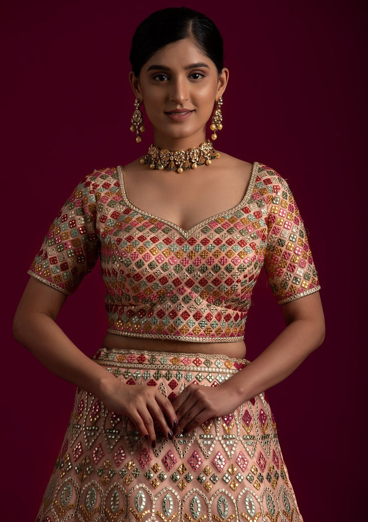 Peach Gotapatti Net Designer Lehenga - koskii