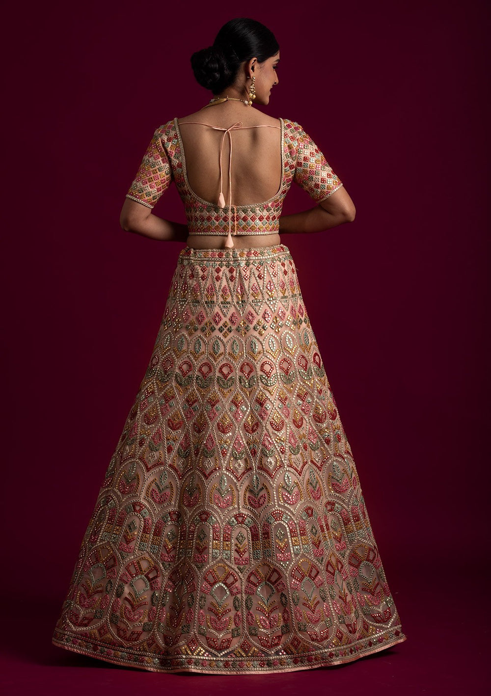 Peach Gotapatti Net Designer Lehenga - koskii