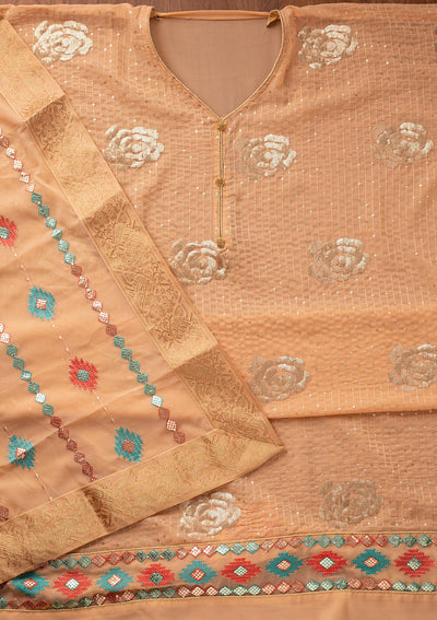 Peach Sequins Georgette Designer Unstitched Salwar Suit - koskii