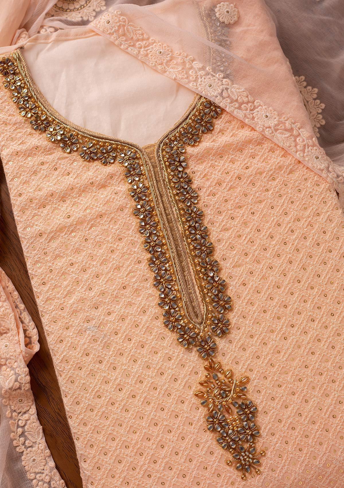 Peach Stonework Georgette Designer Unstitched Salwar Suit - koskii
