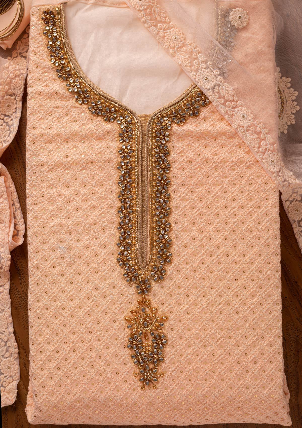 Peach Stonework Georgette Designer Unstitched Salwar Suit - koskii