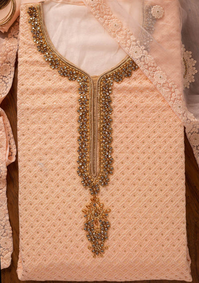 Peach Stonework Georgette Designer Unstitched Salwar Suit - koskii