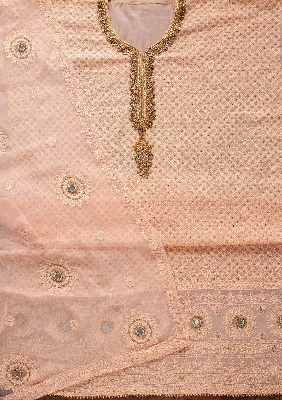 Peach Stonework Georgette Designer Unstitched Salwar Suit - koskii