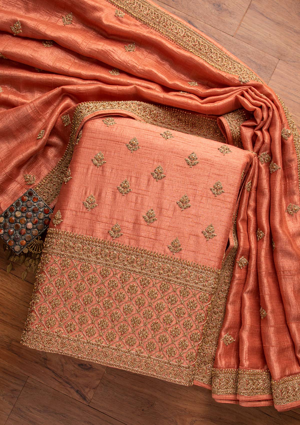 Peach Stonework Raw Silk Designer Unstitched Salwar Suit - koskii