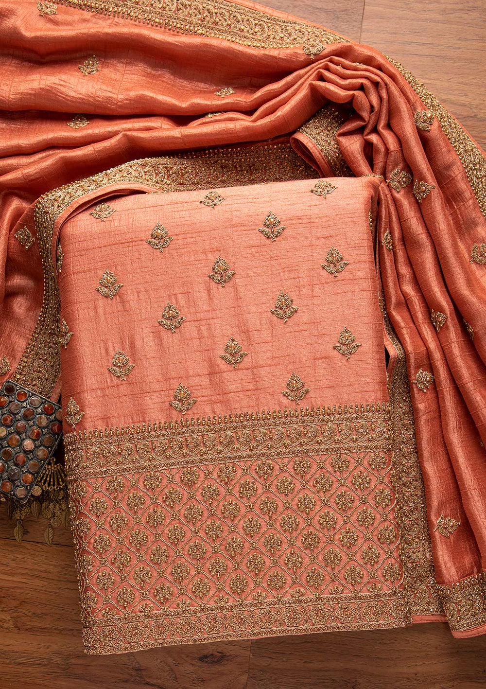 Peach Stonework Raw Silk Designer Unstitched Salwar Suit - koskii