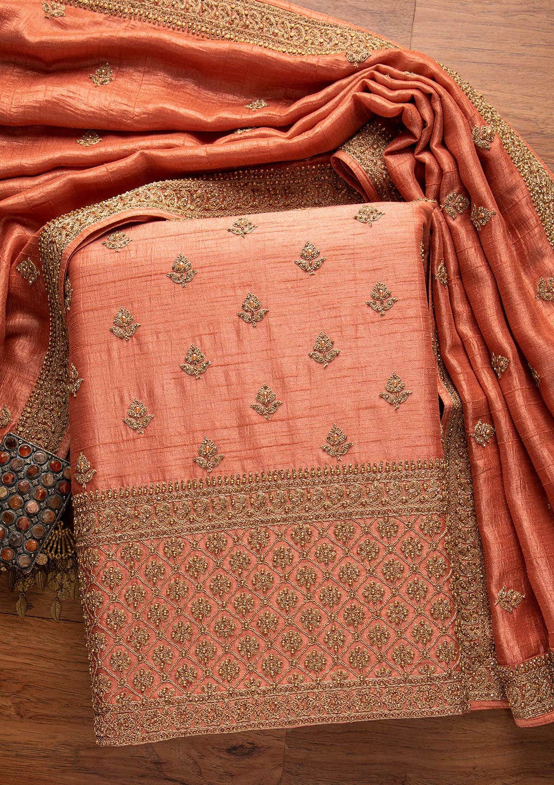 Peach Stonework Raw Silk Designer Unstitched Salwar Suit - koskii