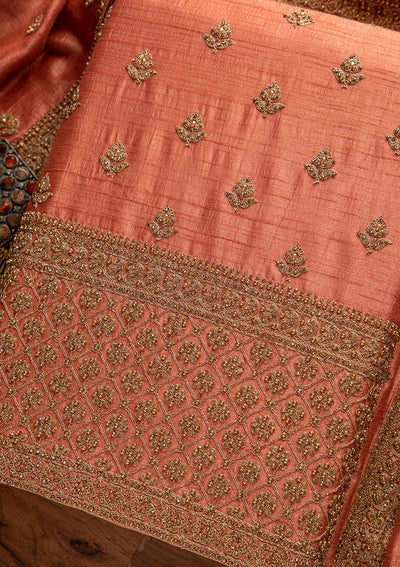 Peach Stonework Raw Silk Designer Unstitched Salwar Suit - koskii