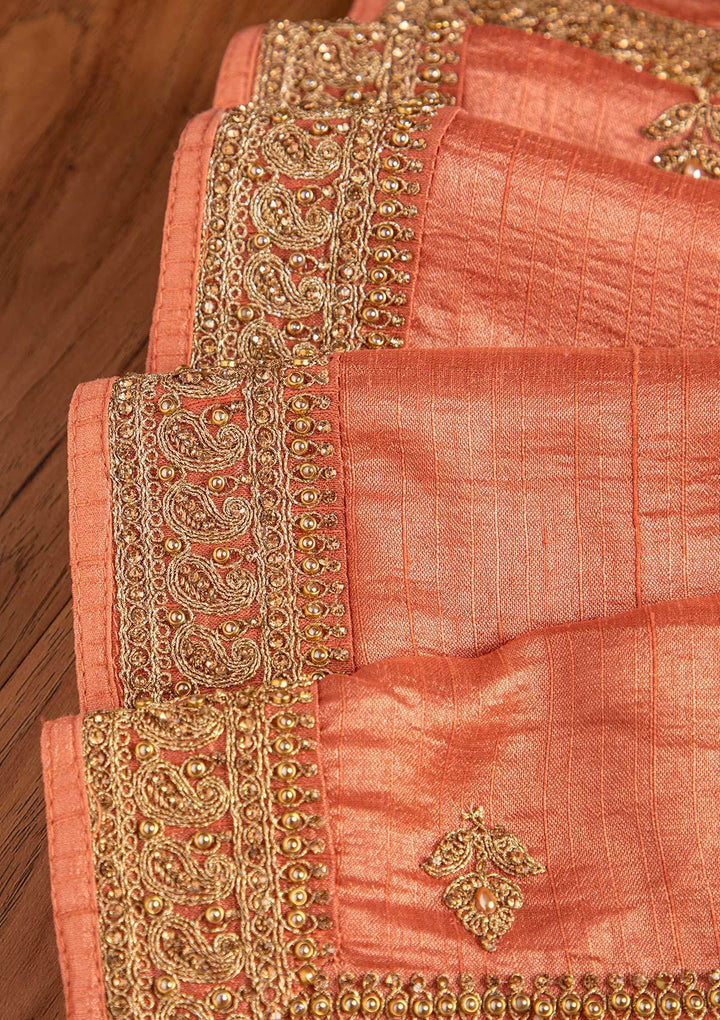 Peach Stonework Raw Silk Designer Unstitched Salwar Suit - koskii