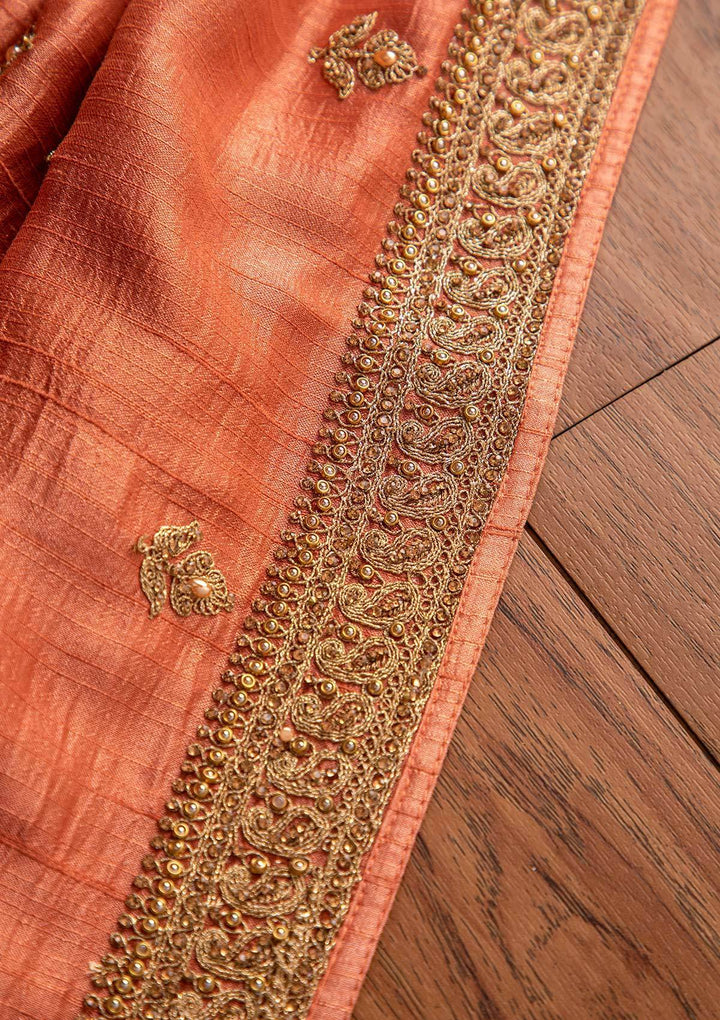Peach Stonework Raw Silk Designer Unstitched Salwar Suit - koskii