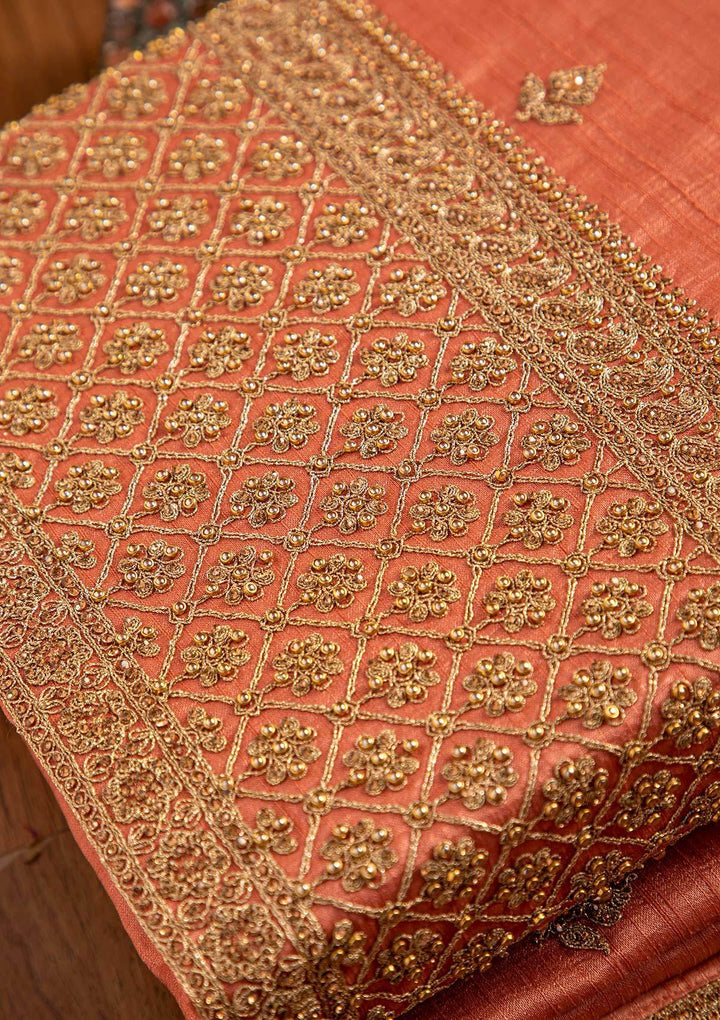 Peach Stonework Raw Silk Designer Unstitched Salwar Suit - koskii