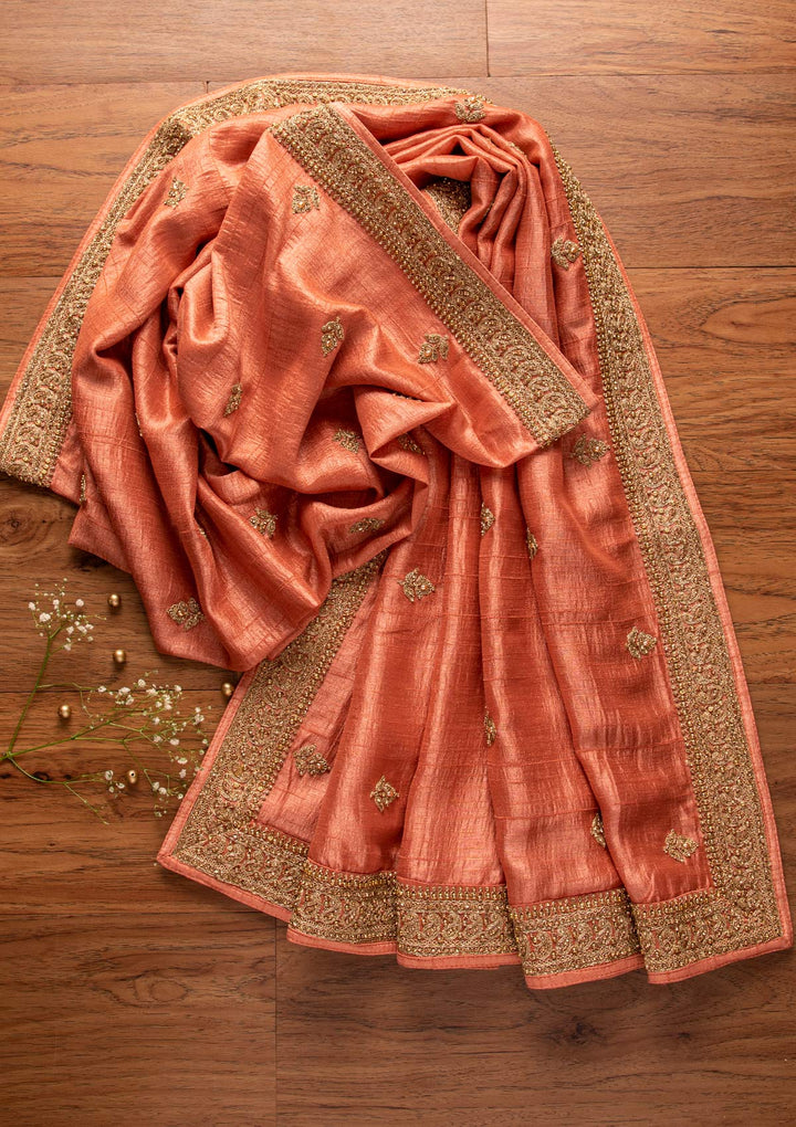 Peach Stonework Raw Silk Designer Unstitched Salwar Suit - koskii