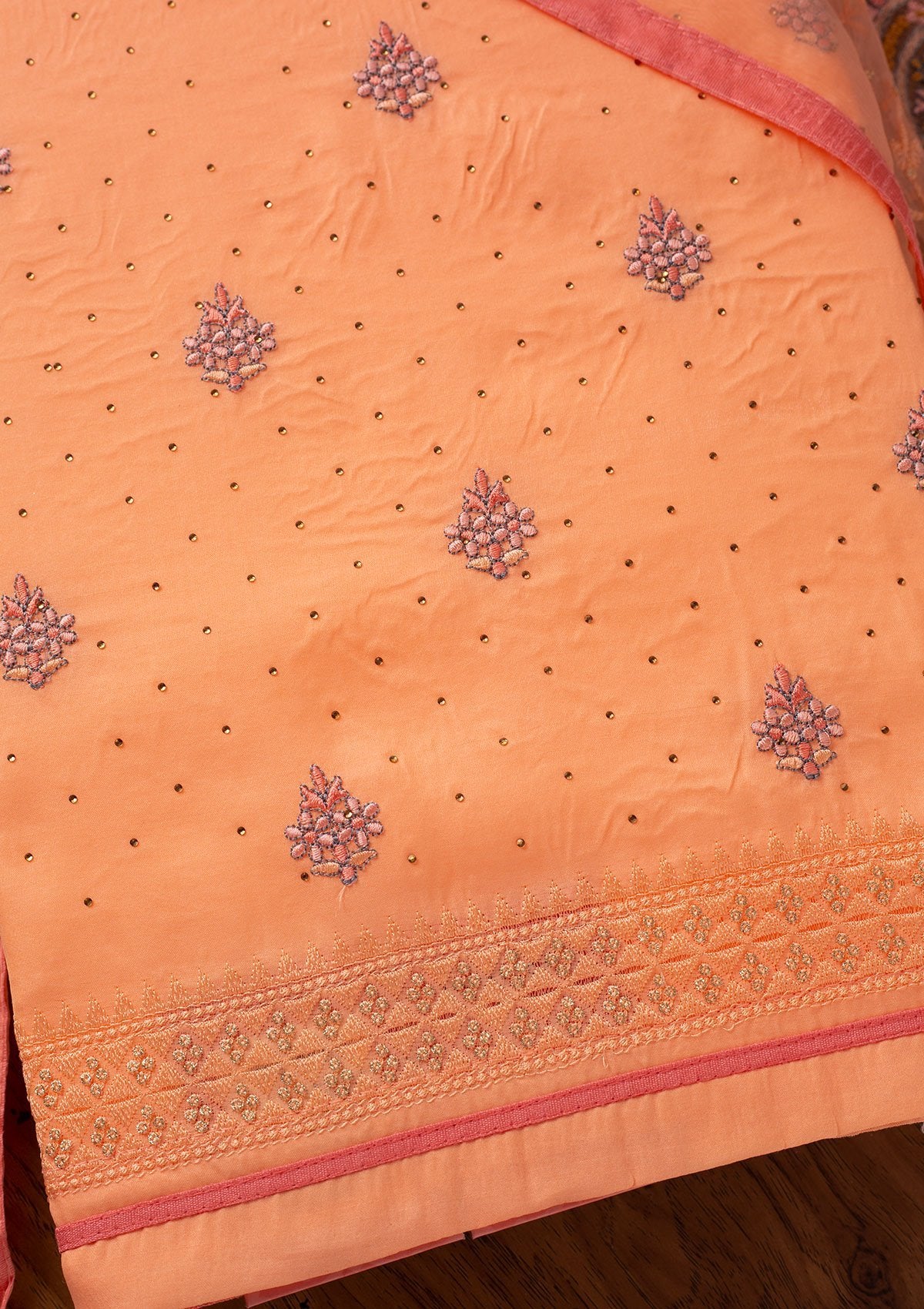 Peach Threadwork Art Silk Designer Unstitched Salwar Suit - koskii