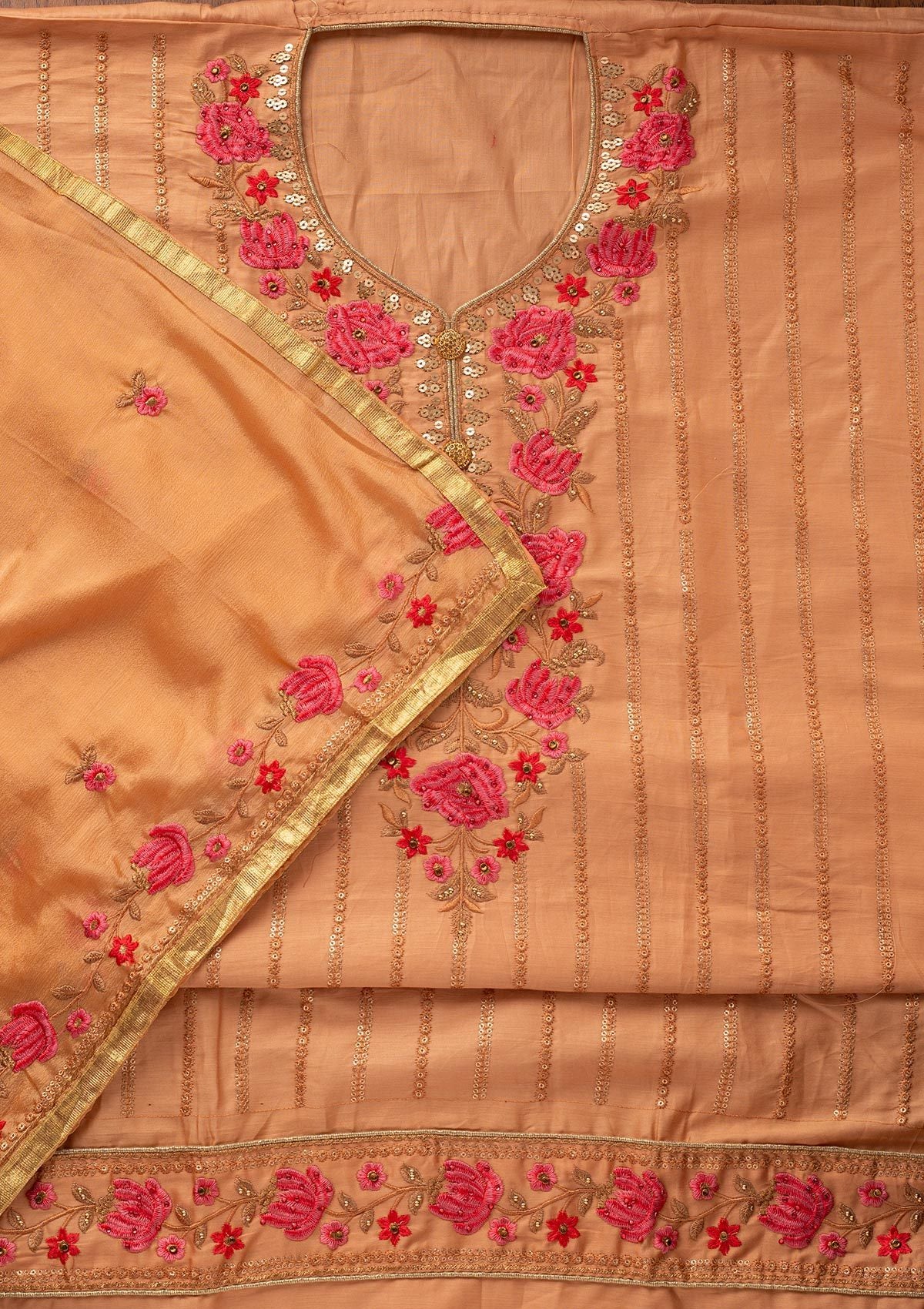 Peach Threadwork Cotton Designer Semi-Stitched Salwar Suit - koskii