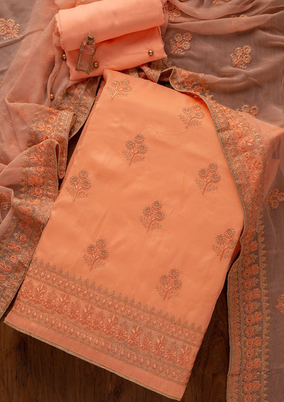 Peach Threadwork Semi Crepe Designer Unstitched Salwar Suit - koskii