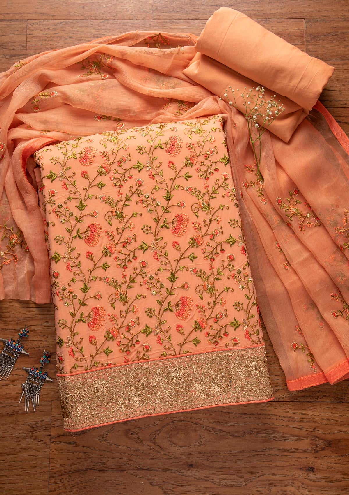 Peach Zariwork Georgette Designer Unstitched Salwar Suit - koskii