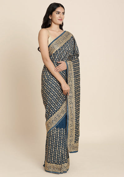 Peacock Blue Stonework Art Silk Designer Saree - koskii