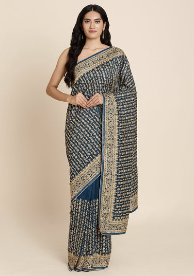 Peacock Blue Stonework Art Silk Designer Saree - koskii
