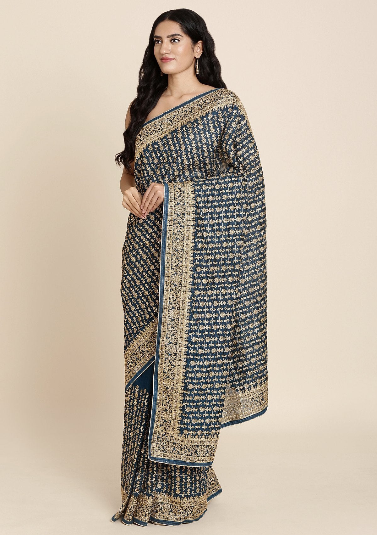 Peacock Blue Stonework Art Silk Designer Saree - koskii