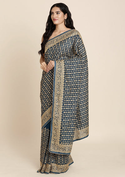 Peacock Blue Stonework Art Silk Designer Saree - koskii