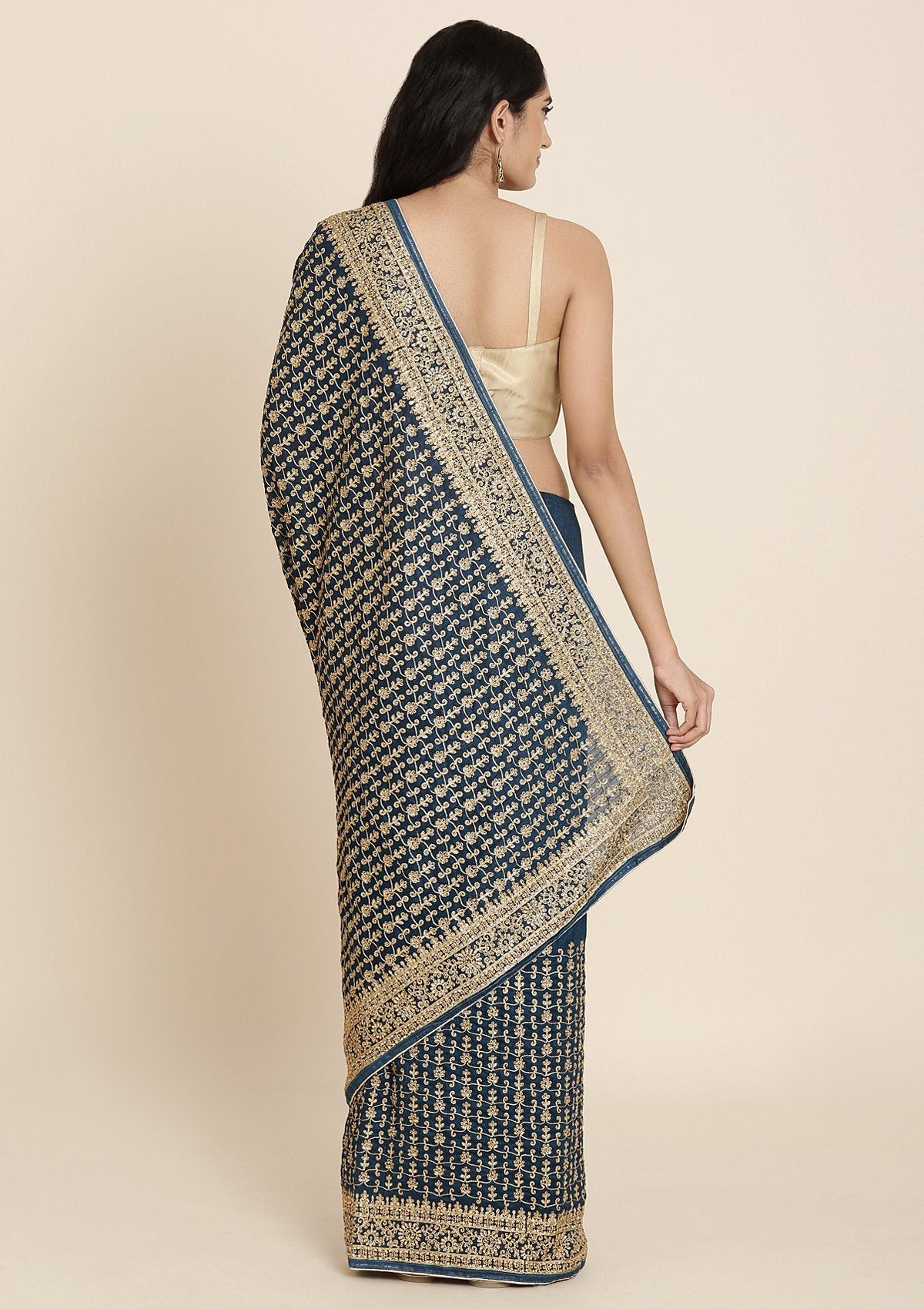 Peacock Blue Stonework Art Silk Designer Saree - koskii