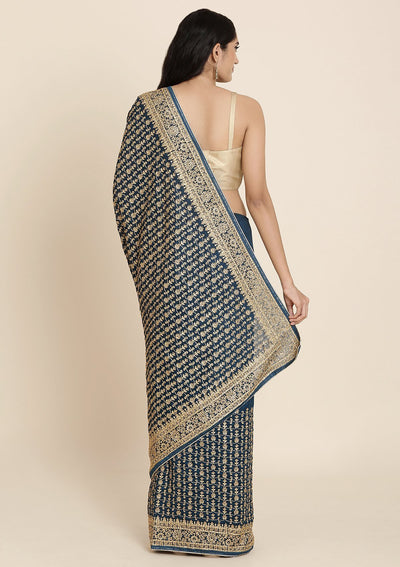 Peacock Blue Stonework Art Silk Designer Saree - koskii