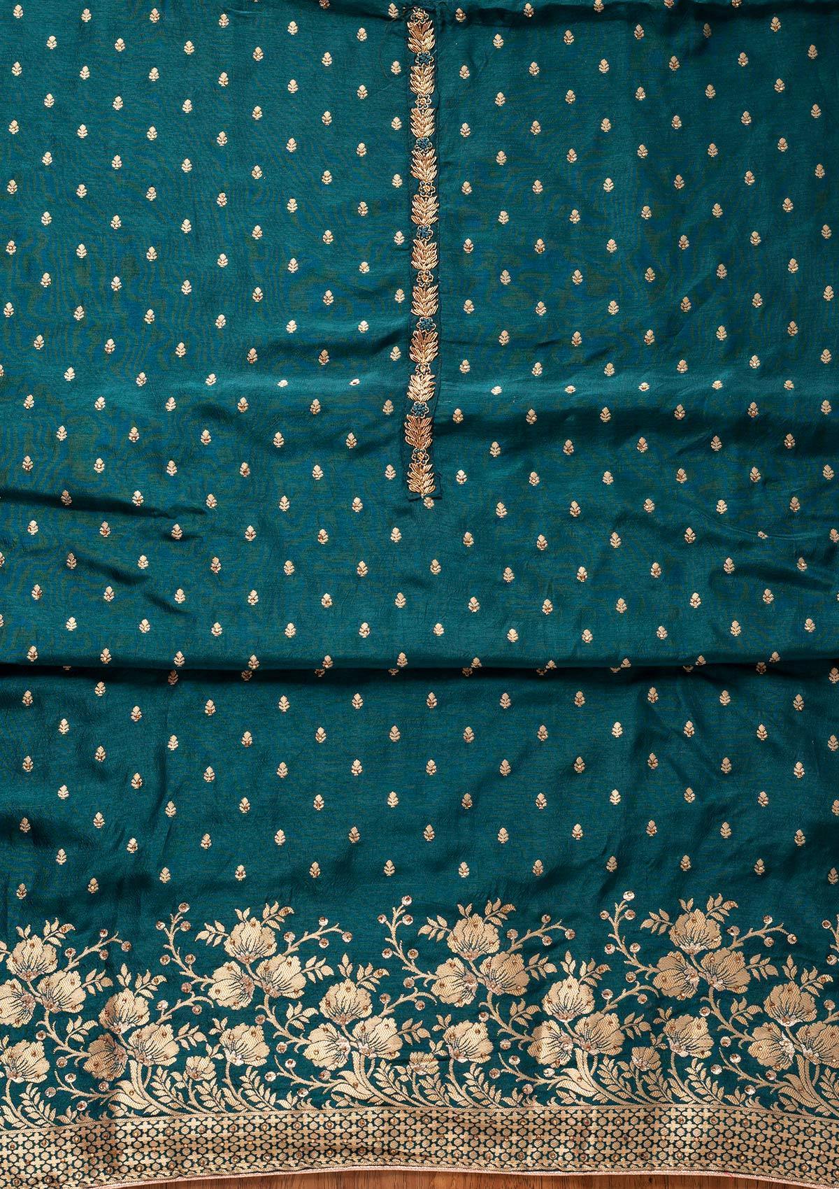 Peacock Green Zariwork Semi Crepe Designer Unstitched Salwar Suit - koskii