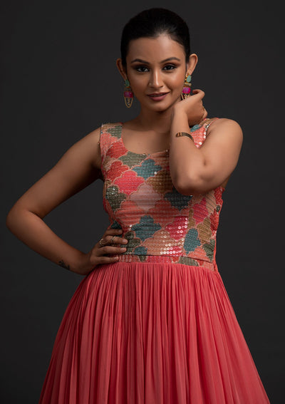 Pink Sequins Georgette Designer Gown - koskii