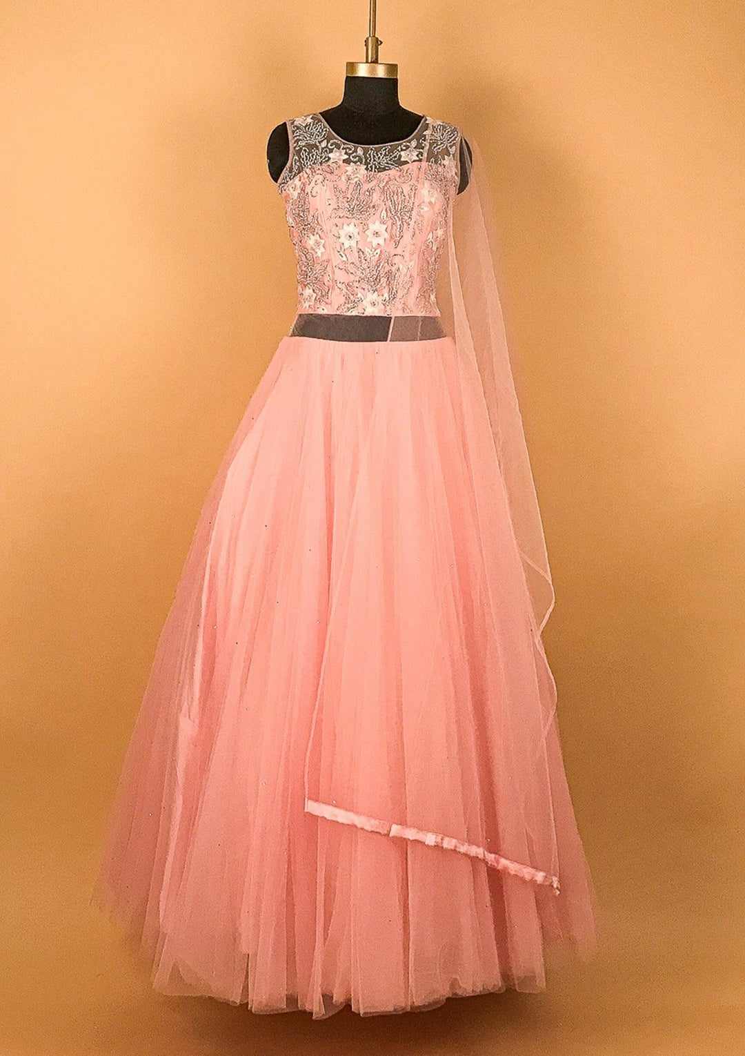 Pink Silver Stonework Net Designer Gown - koskii