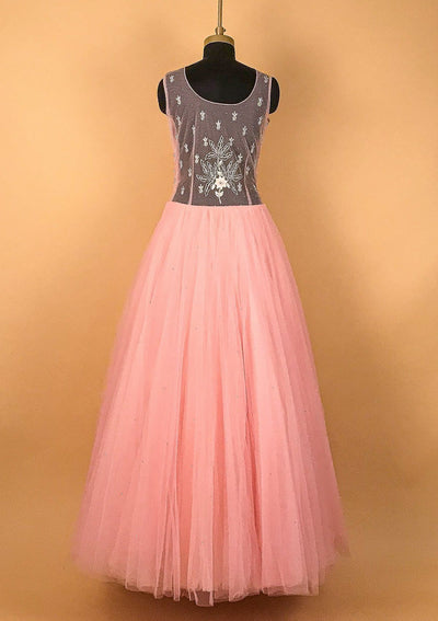 Pink Silver Stonework Net Designer Gown - koskii