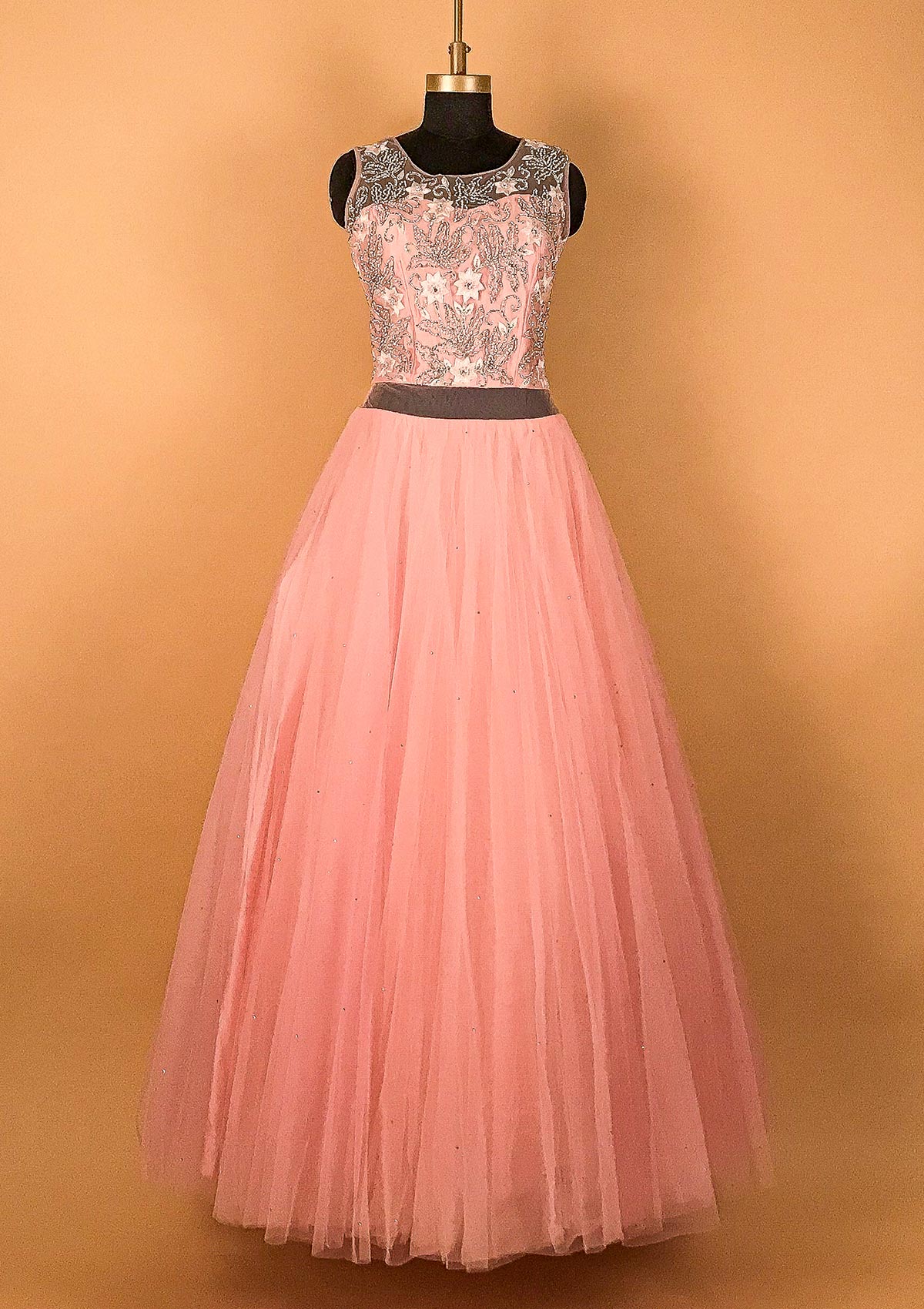 Pink Silver Stonework Net Designer Gown - koskii