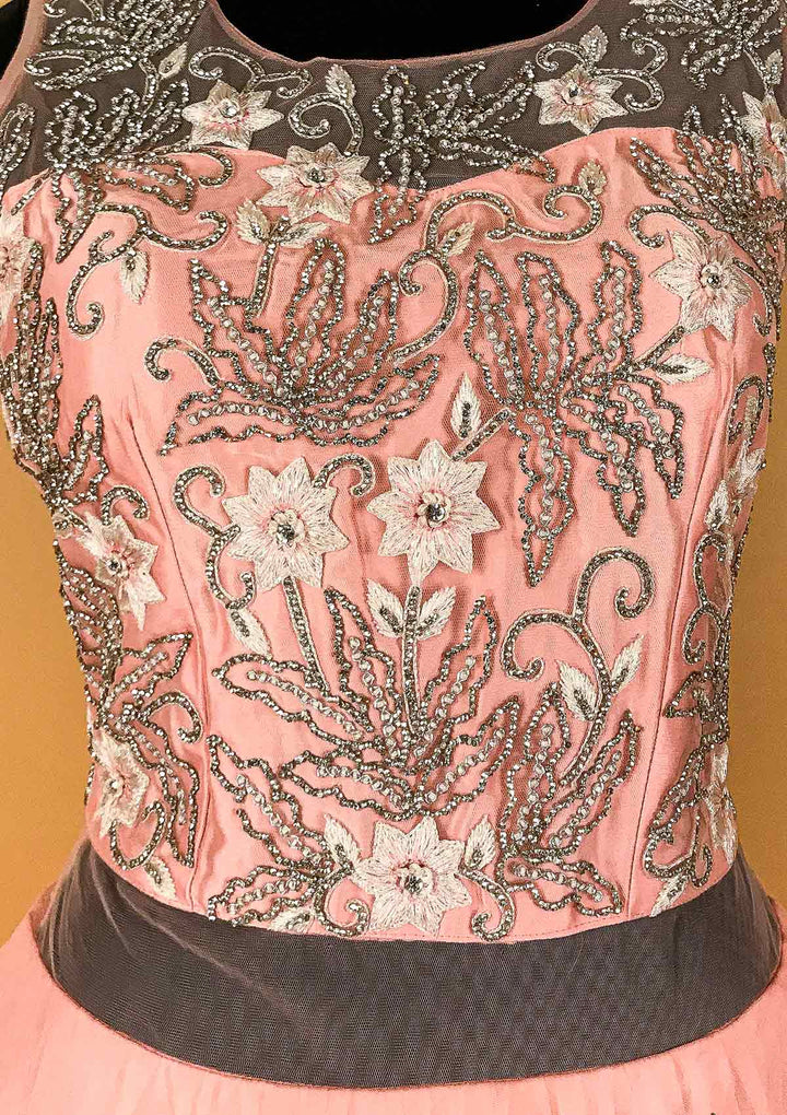 Pink Silver Stonework Net Designer Gown - koskii
