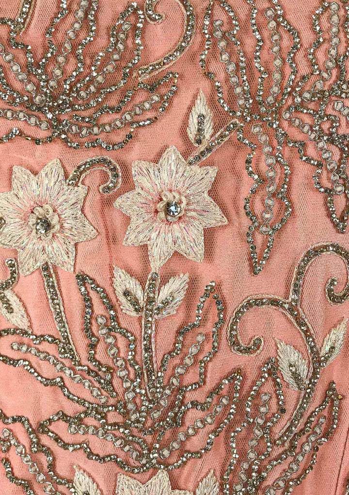 Pink Silver Stonework Net Designer Gown - koskii