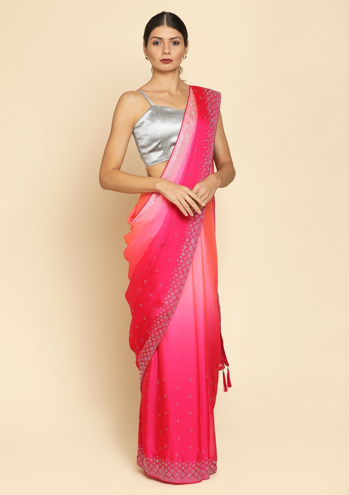Pink Swarovski Satin Designer Saree - koskii
