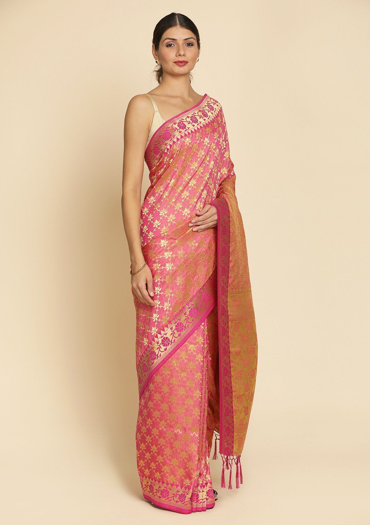 Pink Zariwork Art Silk Designer Saree - koskii
