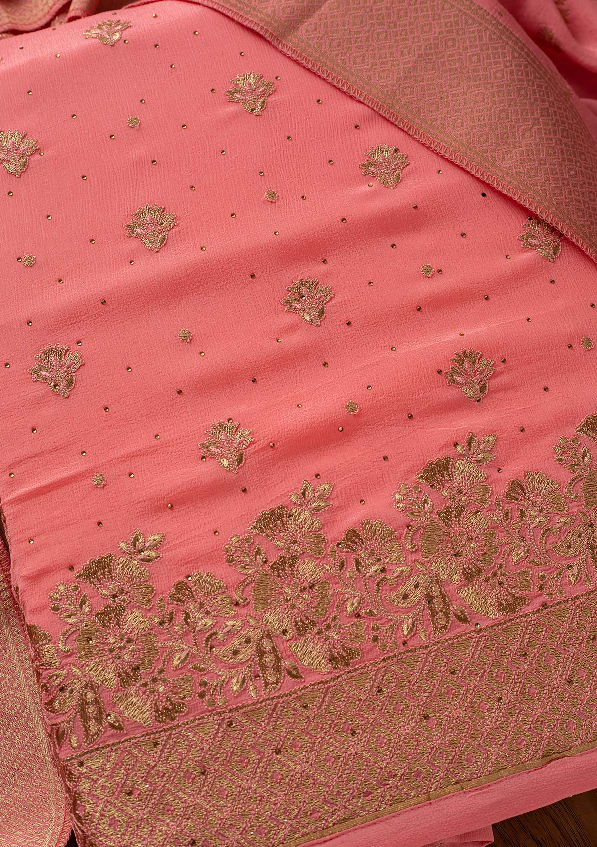 Pink Zariwork Semi Crepe Designer Unstitched Salwar Suit - koskii