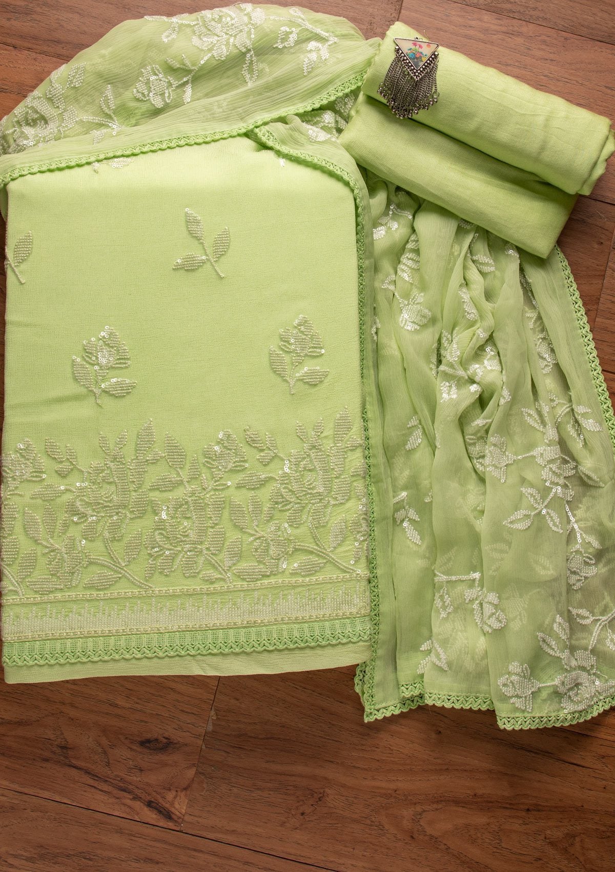 Pista Green Sequins Georgette Designer Unstitched Salwar Suit - koskii