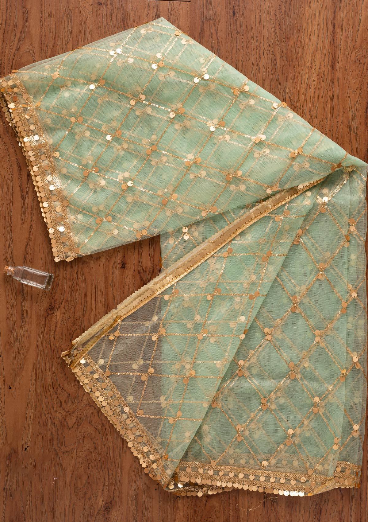 Pista Green Sequins Net Designer Dupatta - koskii