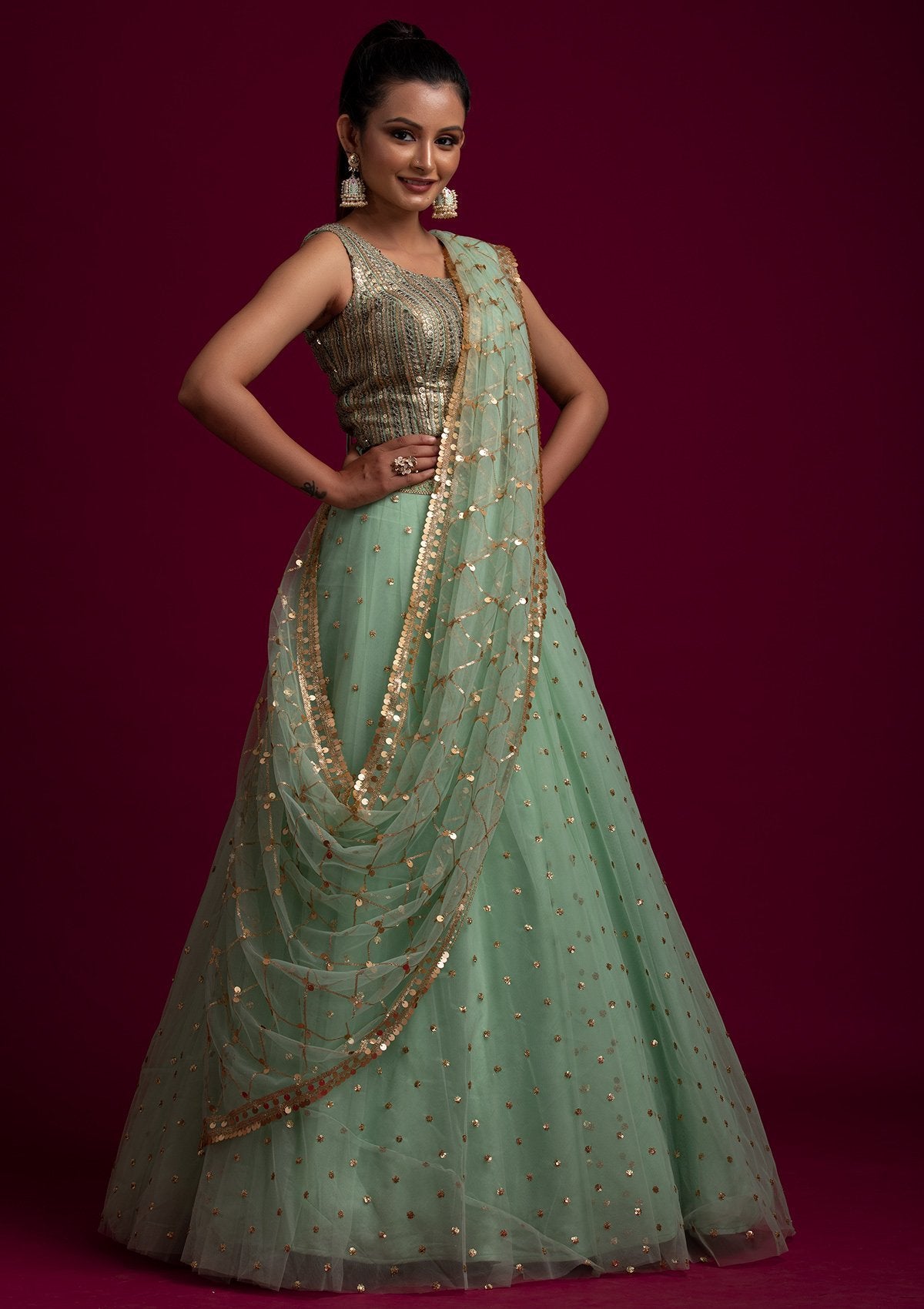 Pista Green Sequins Net Designer Dupatta - koskii