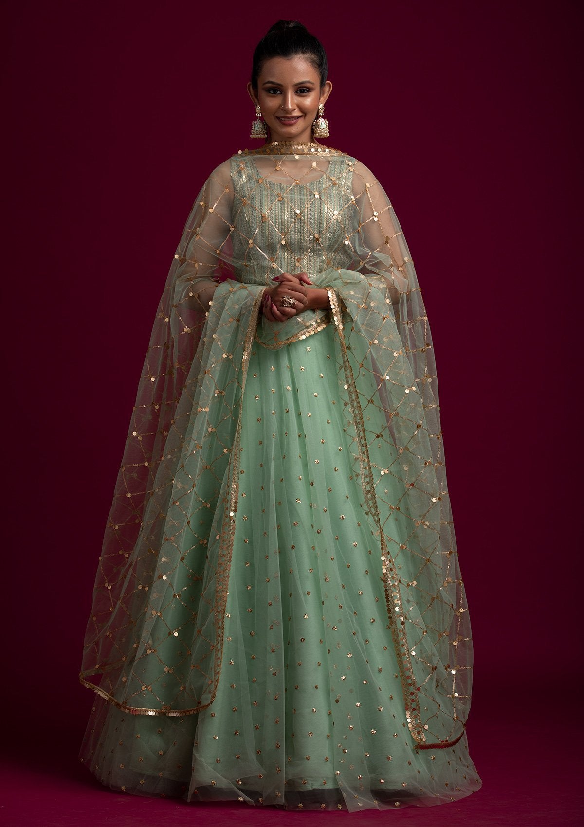 Pista Green Sequins Net Designer Dupatta - koskii