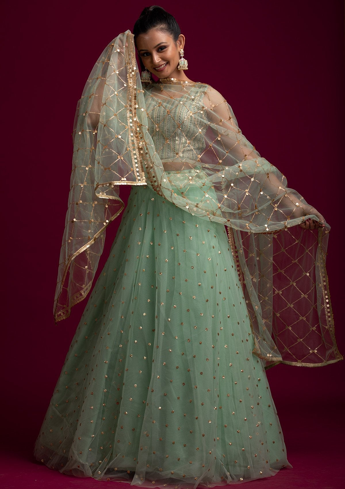 Pista Green Sequins Net Designer Dupatta - koskii