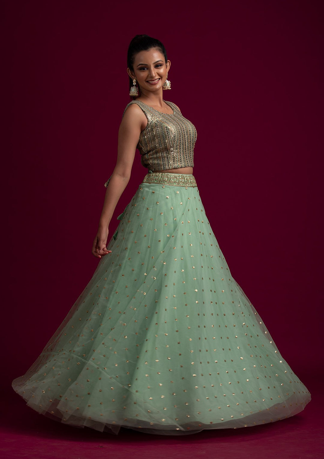 Pista Green Sequins Net Designer Skirt - koskii