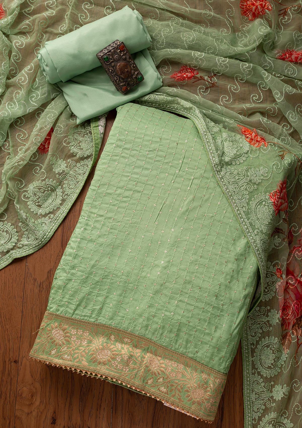 Pista Green Sequins Semi Crepe Designer Unstitched Salwar Suit - koskii