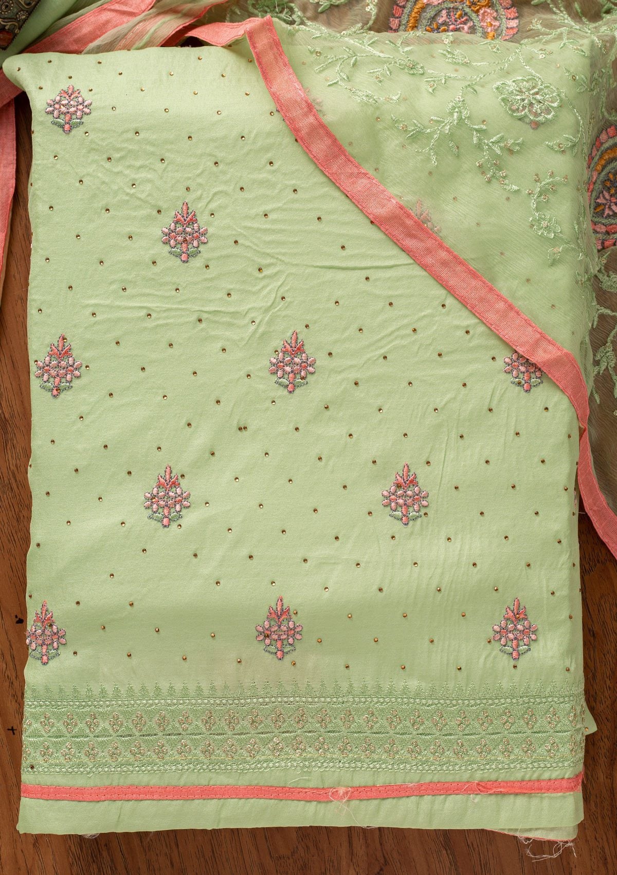 Pista Green Threadwork Art Silk Designer Unstitched Salwar Suit - koskii