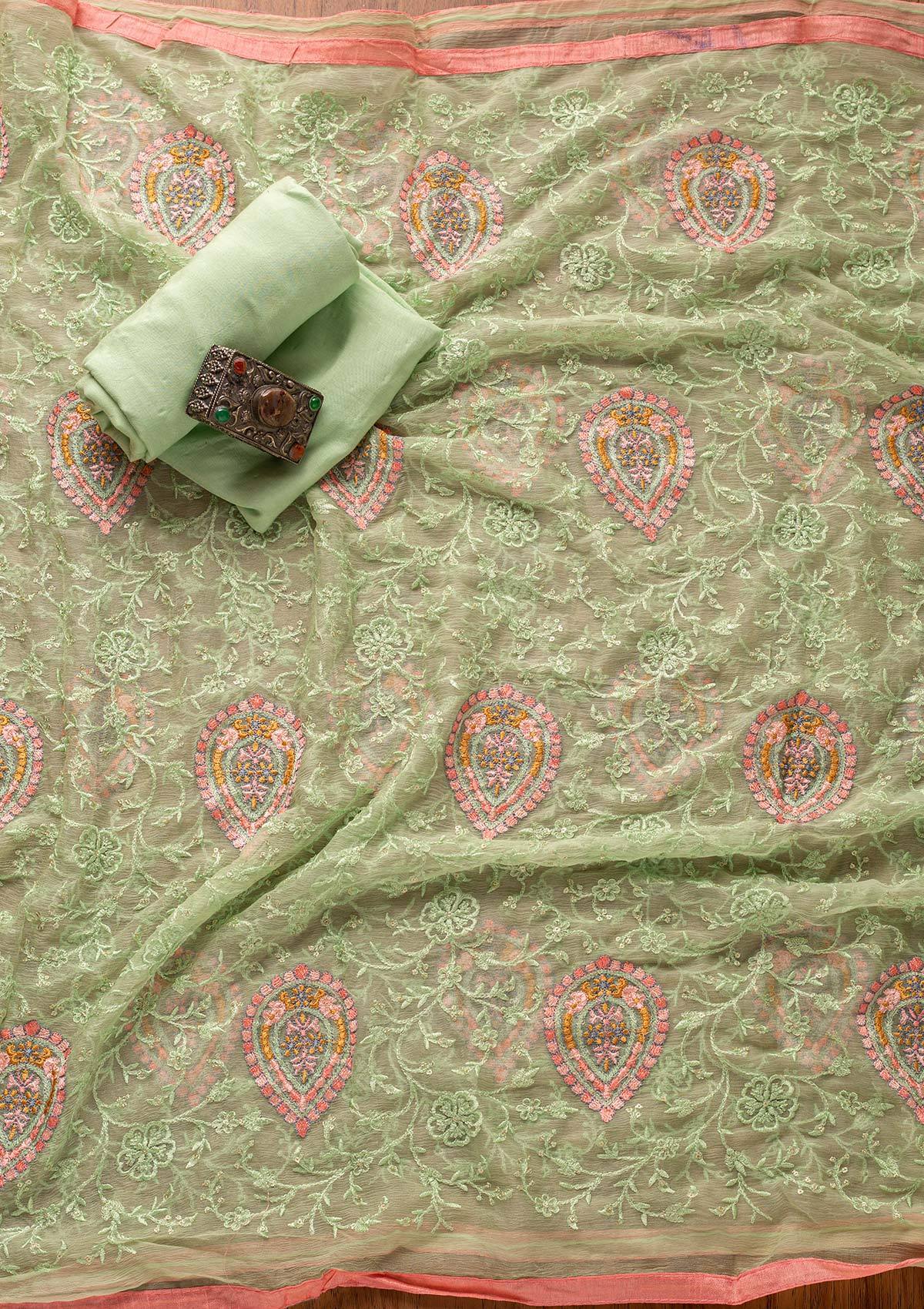 Pista Green Threadwork Art Silk Designer Unstitched Salwar Suit - koskii